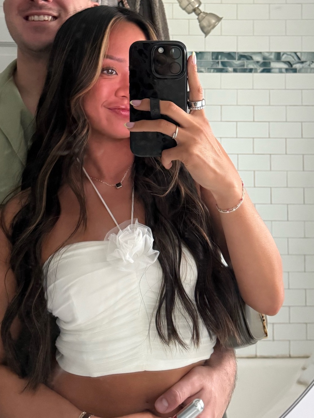 White Halter Crop Top with Rosette Accent